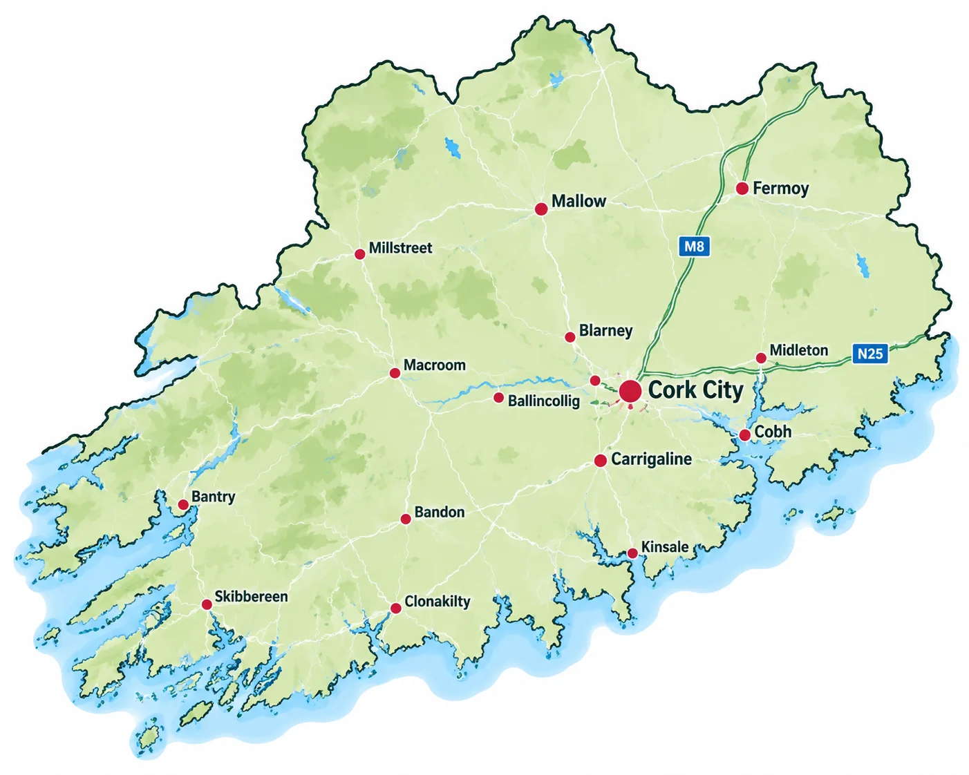 Map of County Cork showing Cork City and towns across the service area.